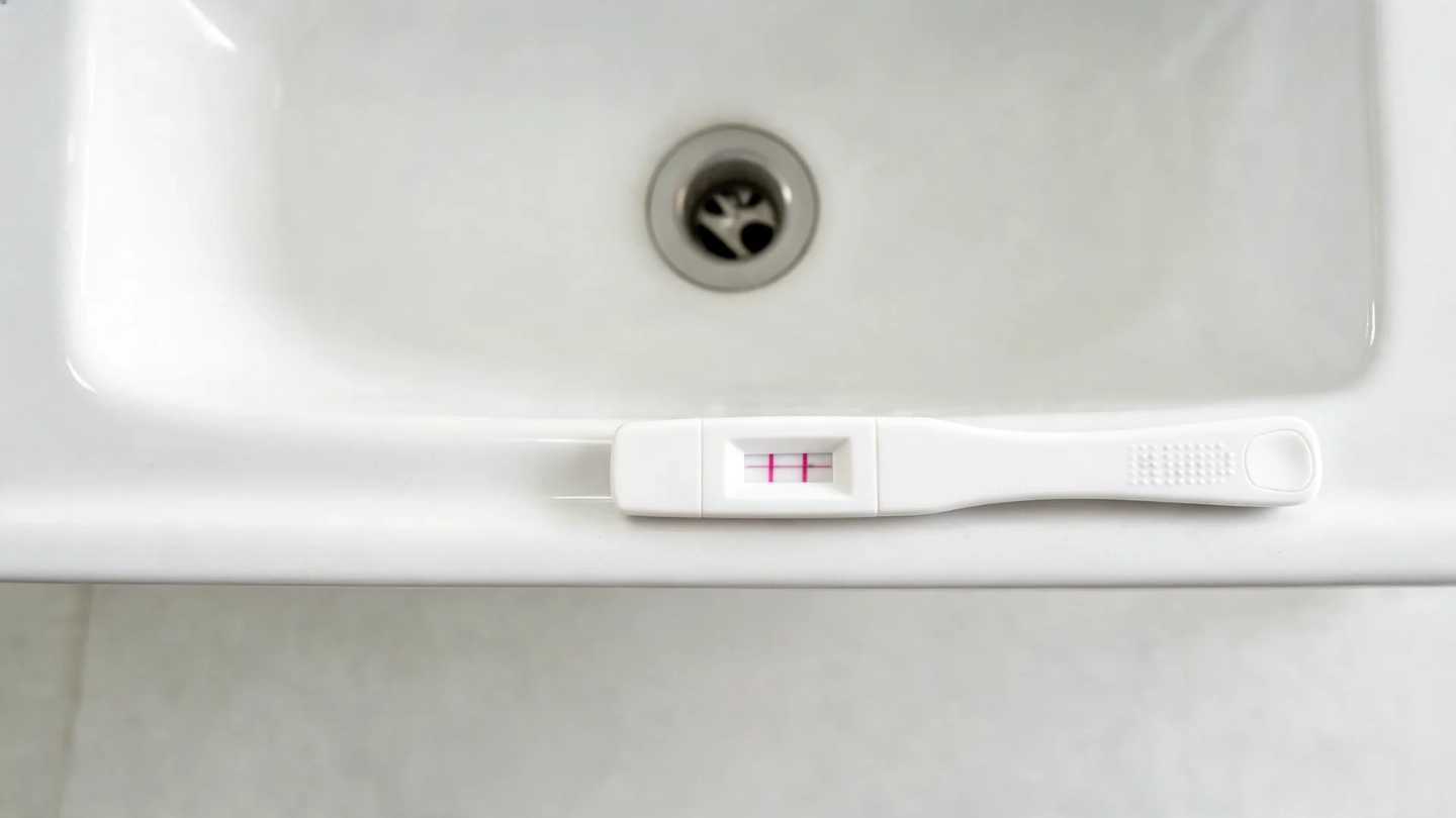 a positive pregnancy test kept on a sink to show whether a woman in perimenopause can get pregnant or not