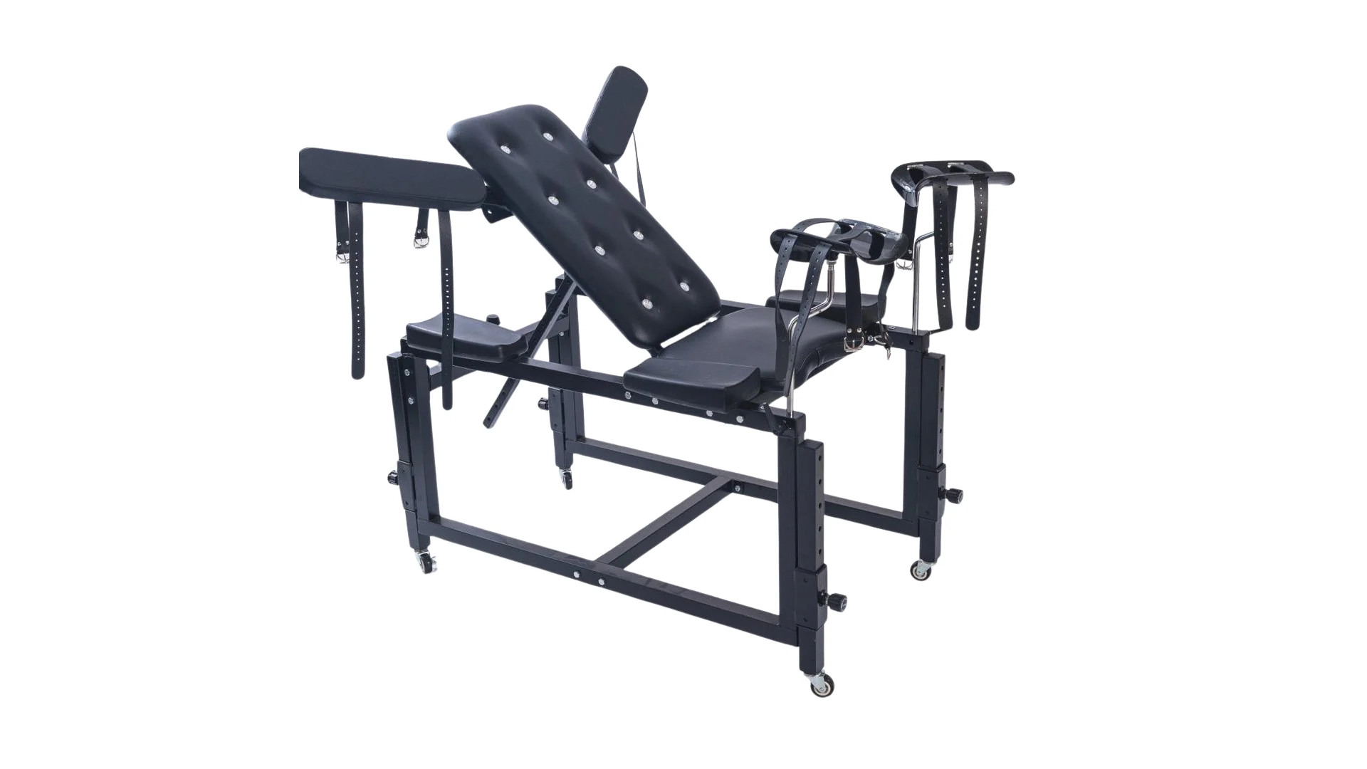 A black spanking bench against a white background