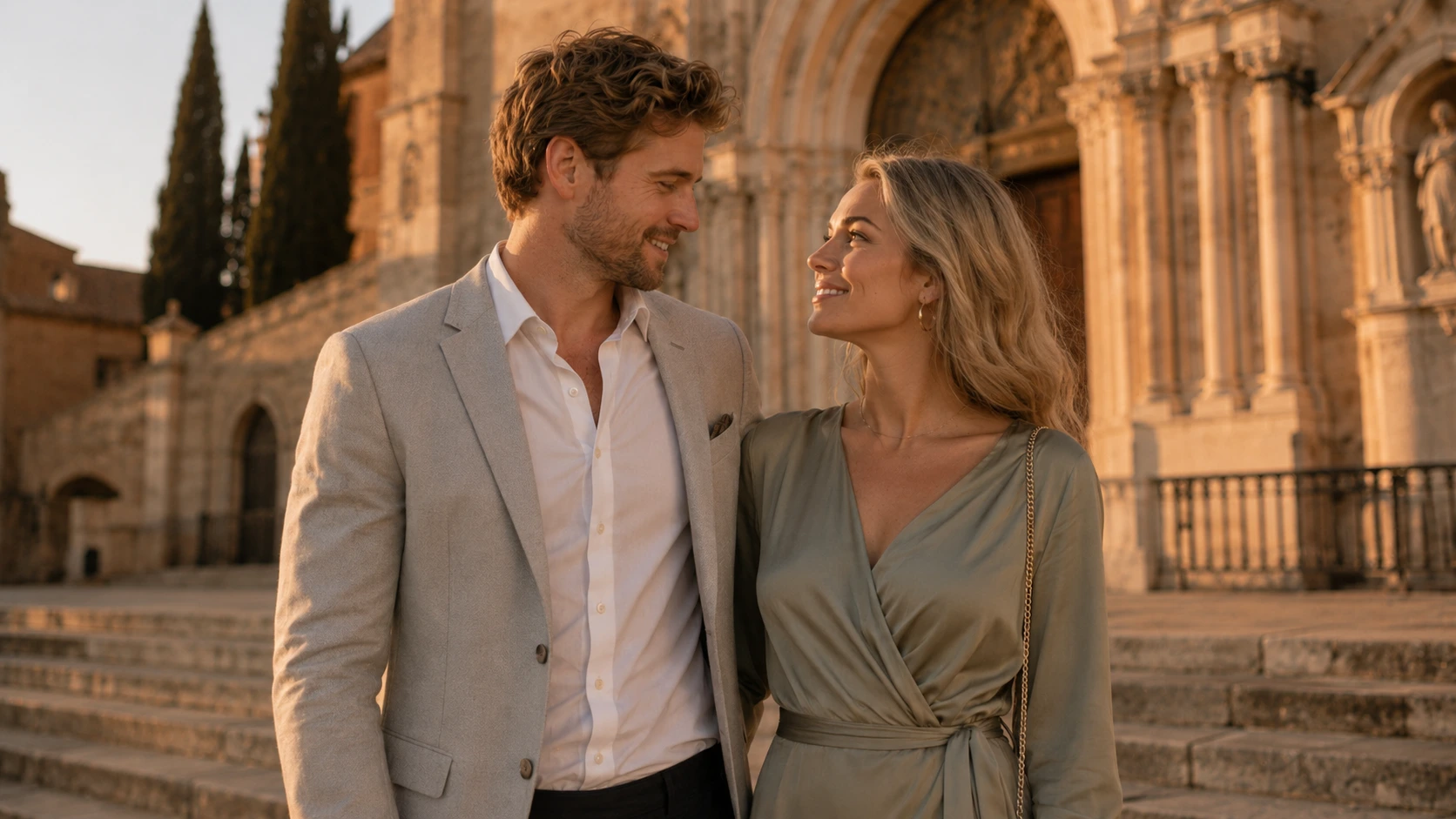 adult couple smiling together outside a historic church at golden hour, in elegant outfits and sharing a romantic gaze