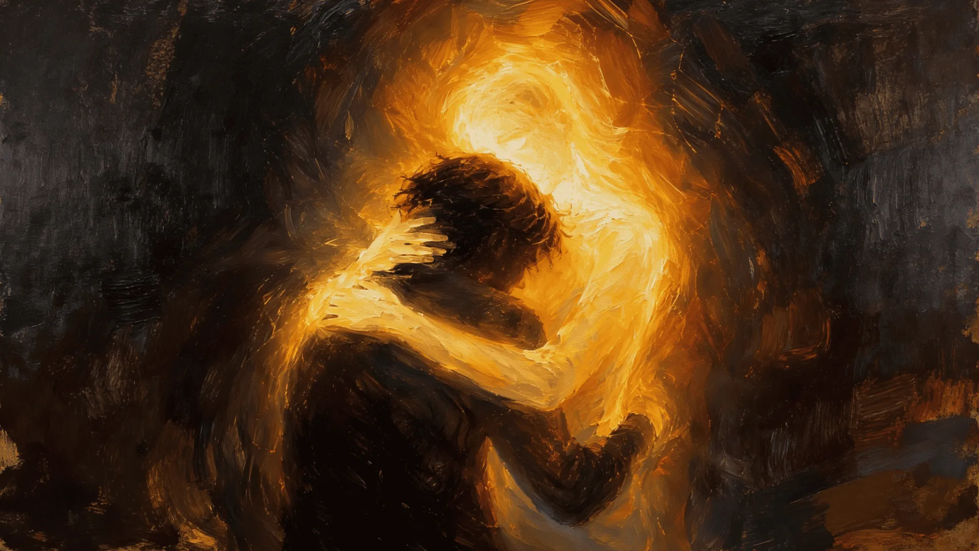 Emotional digital painting of a dark silhouette embracing a radiant, glowing golden figure