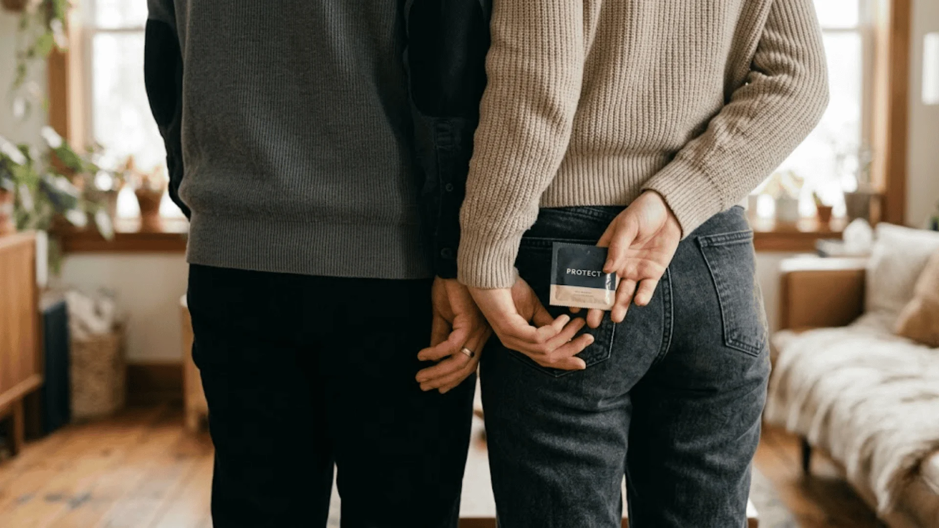 Couple with hands behind backs; one holds a "PROTECT" packet