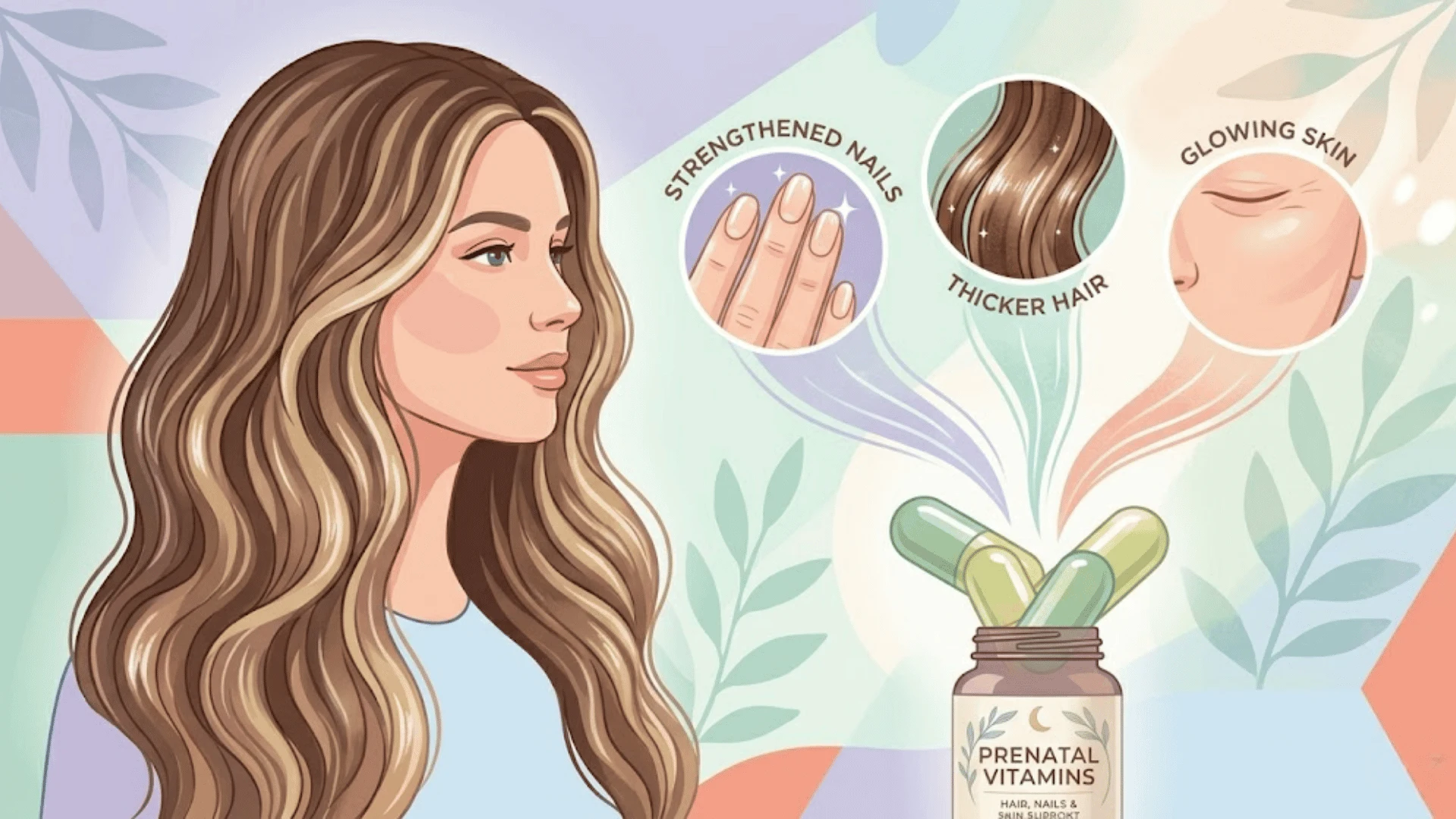a woman and three benefits of prenatal vitamins: stronger nails, thicker hair, and glowing skin