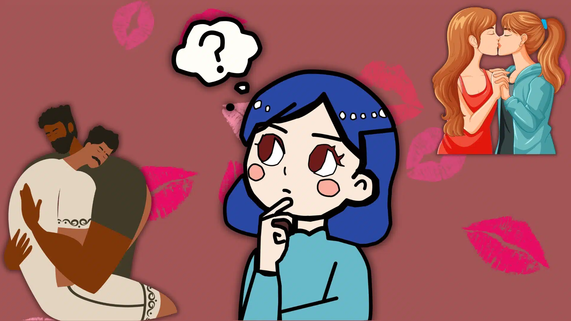 Cartoon of person thinking about STD risks, with couples kissing in background, concept illustration