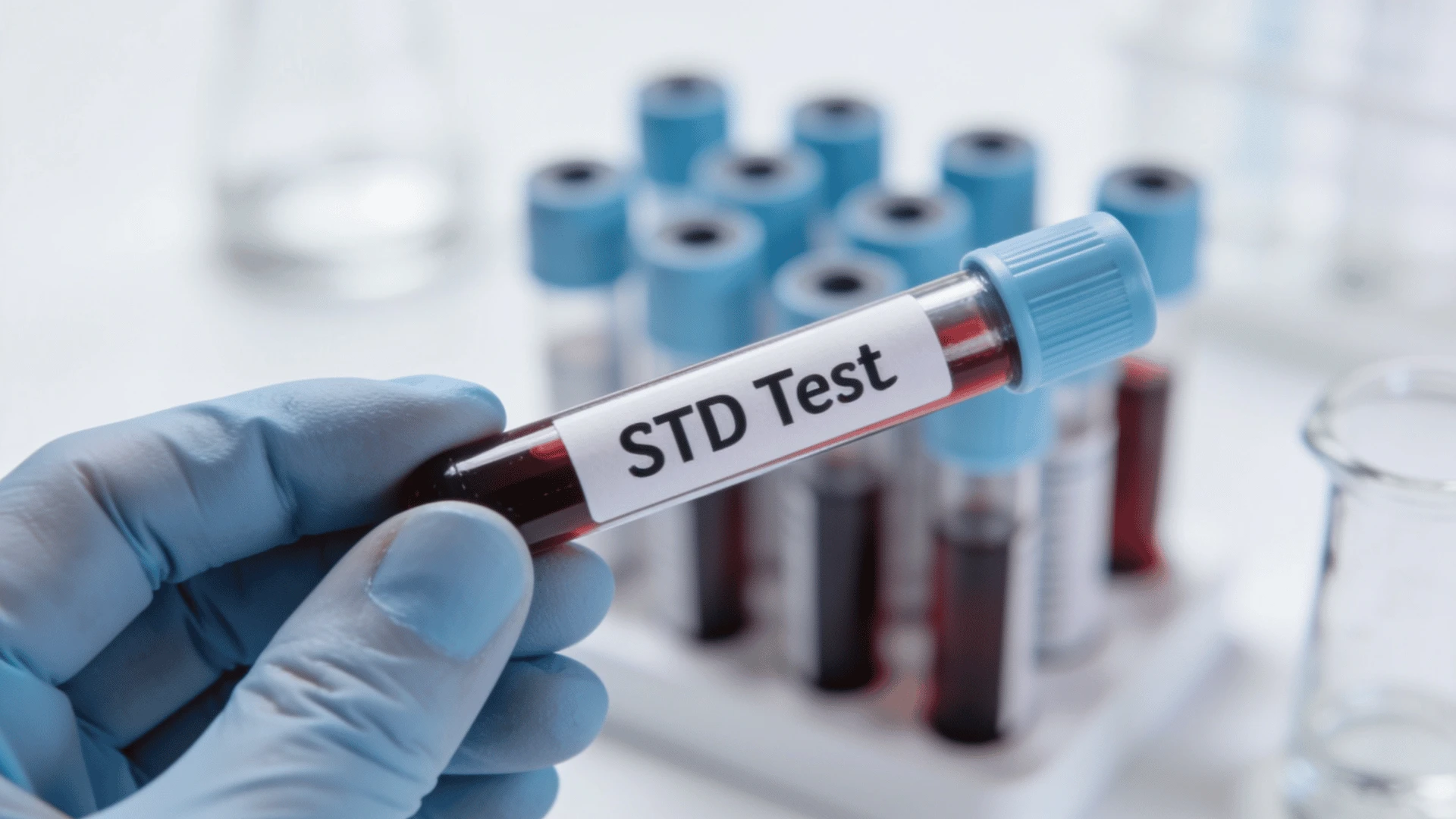 Gloved hand holding a blood sample labeled STD Test, test tubes blurred in medical lab setting
