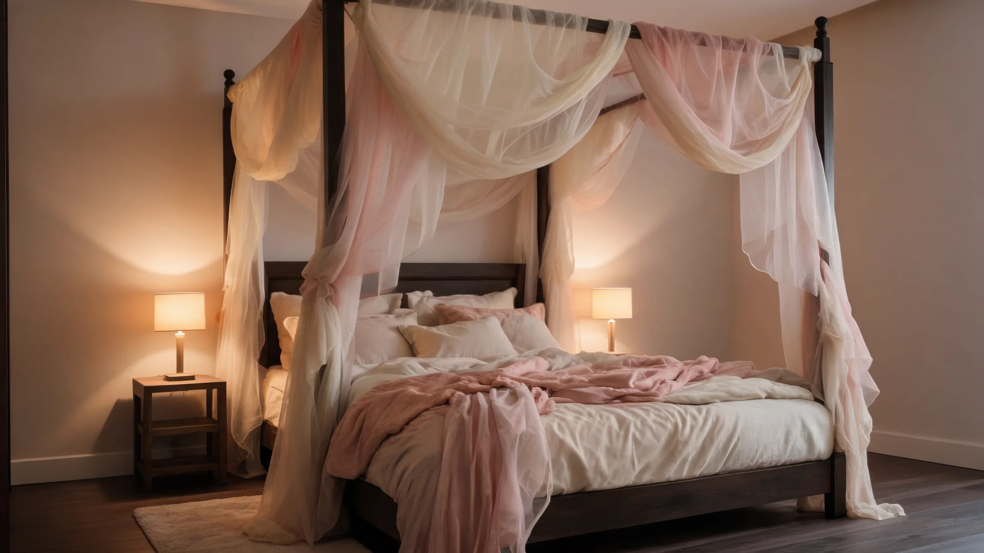 canopy bed system bedroom romantic soft fabric drapes warm intimate interior design scene