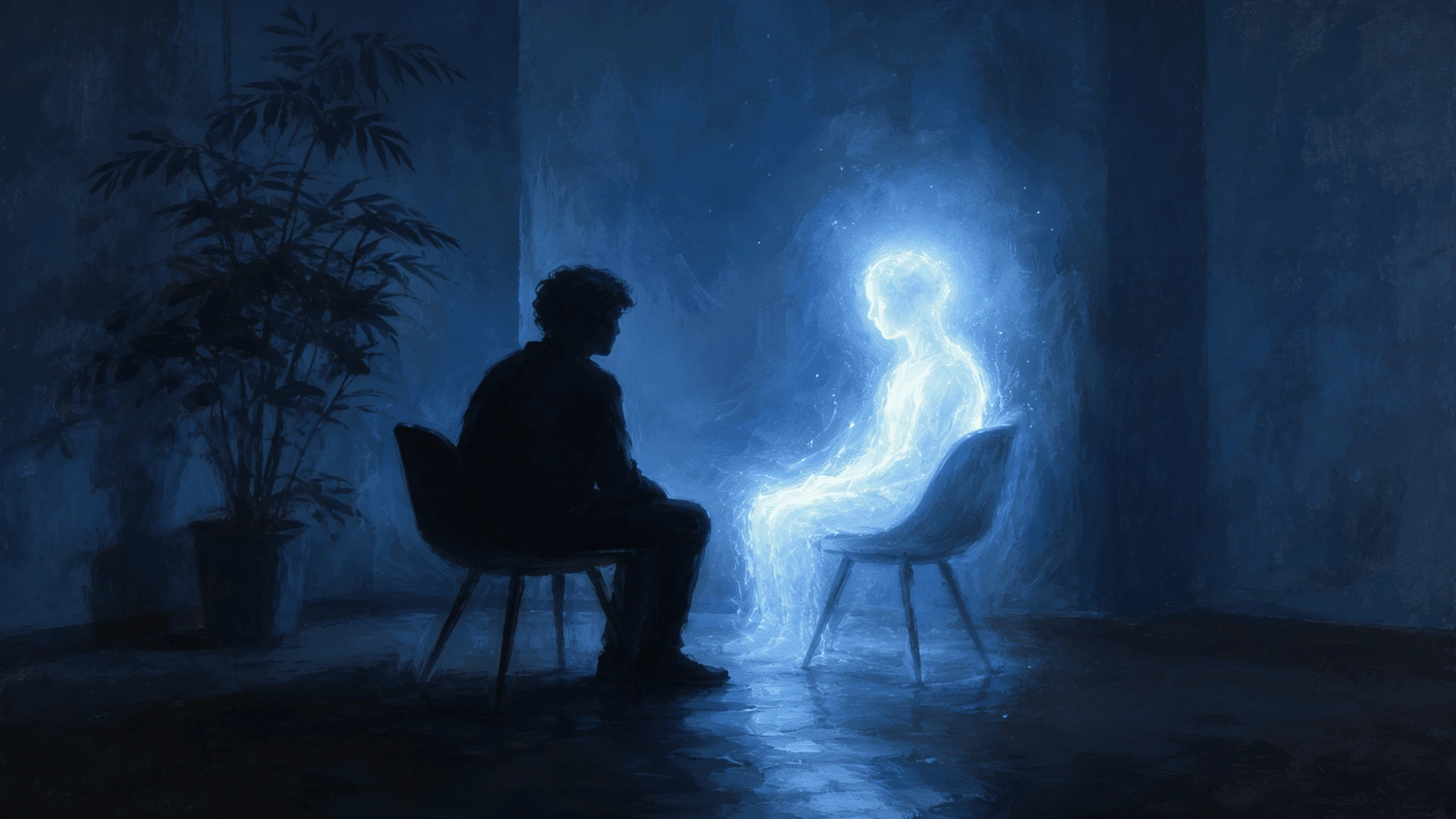 Silhouetted person sitting opposite a glowing blue, ethereal light figure in a dim room