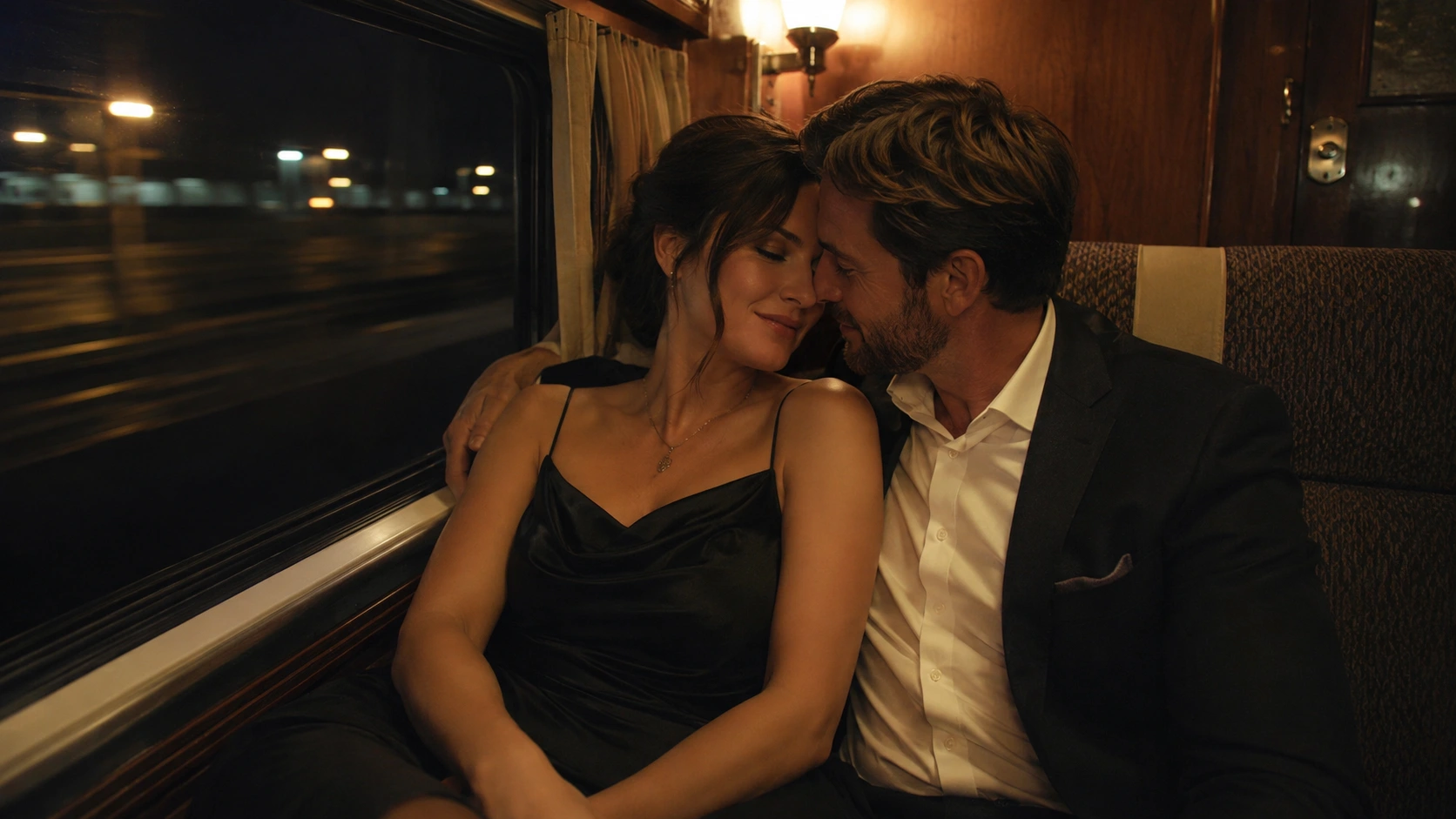 couple cuddling on a warmly lit night train, leaning close beside the window with blurred station lights passing outside
