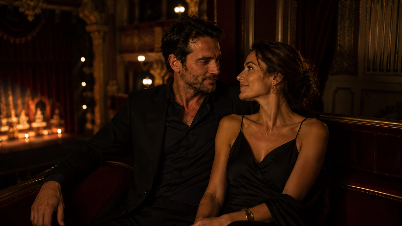 couple dressed elegantly in theater balcony seats, smiling at each other under warm stage lights and ornate decor