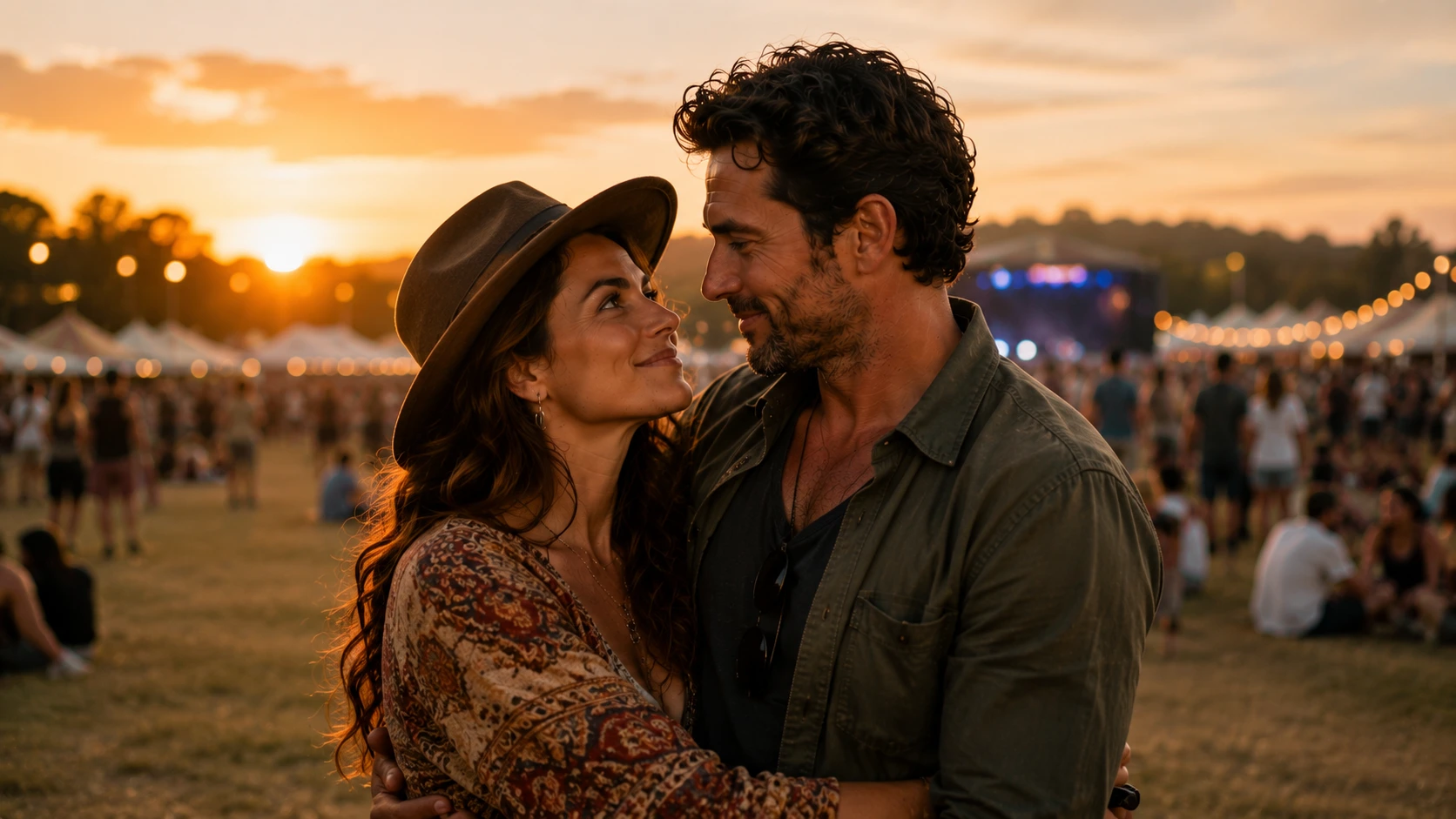 couple embracing at sunset music festival, smiling at each other with tents, crowd, stage lights, and warm sky behind