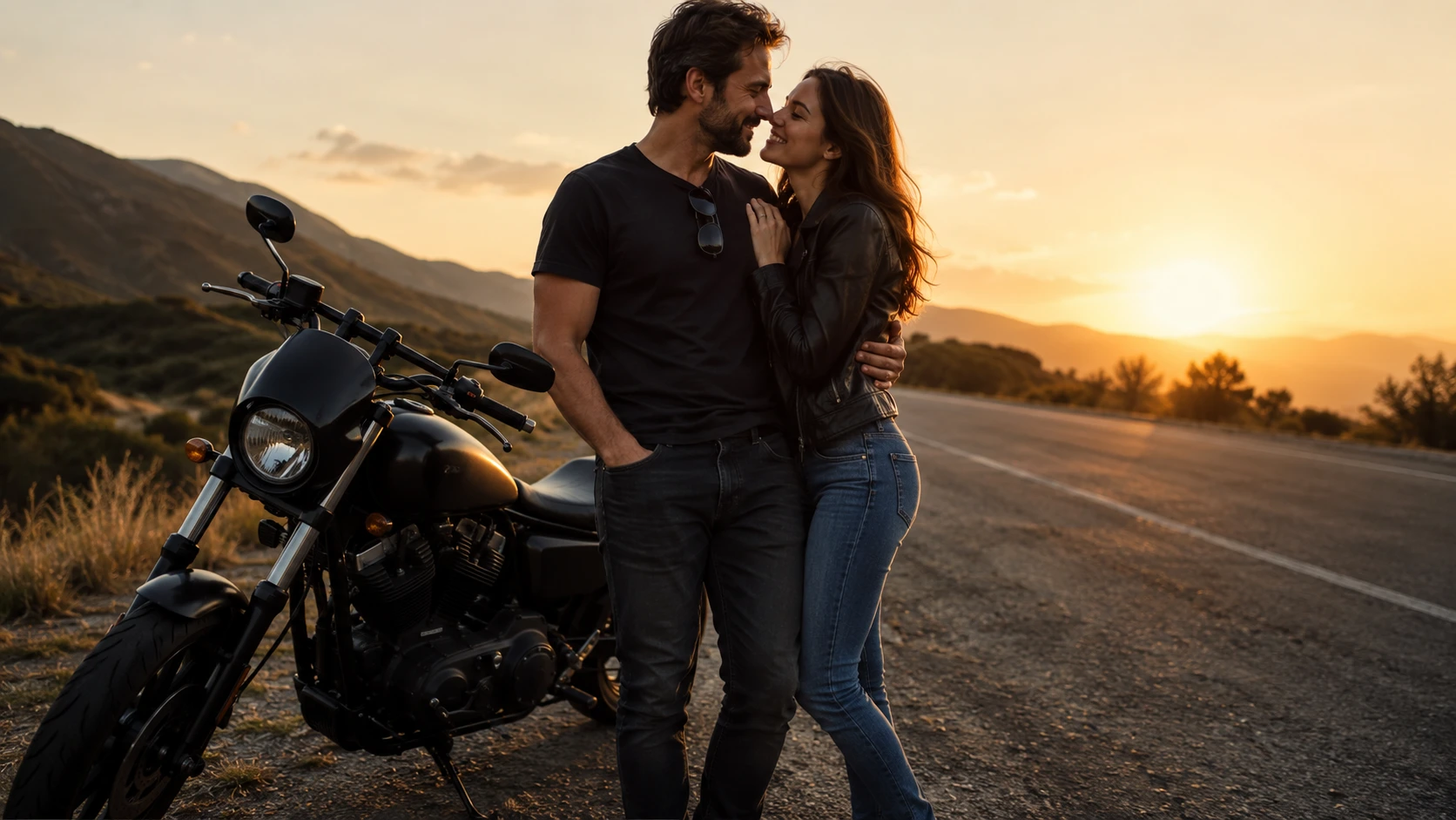 couple embracing beside black motorcycle on mountain road at sunset, in warm light and hills behind them