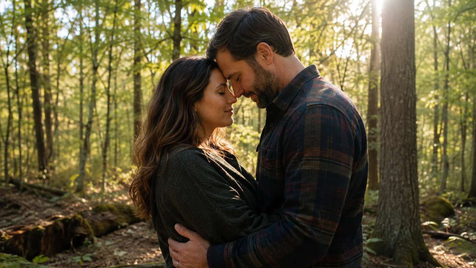 couple embracing in a sunlit forest, touching foreheads softly while standing close among trees and warm natural light