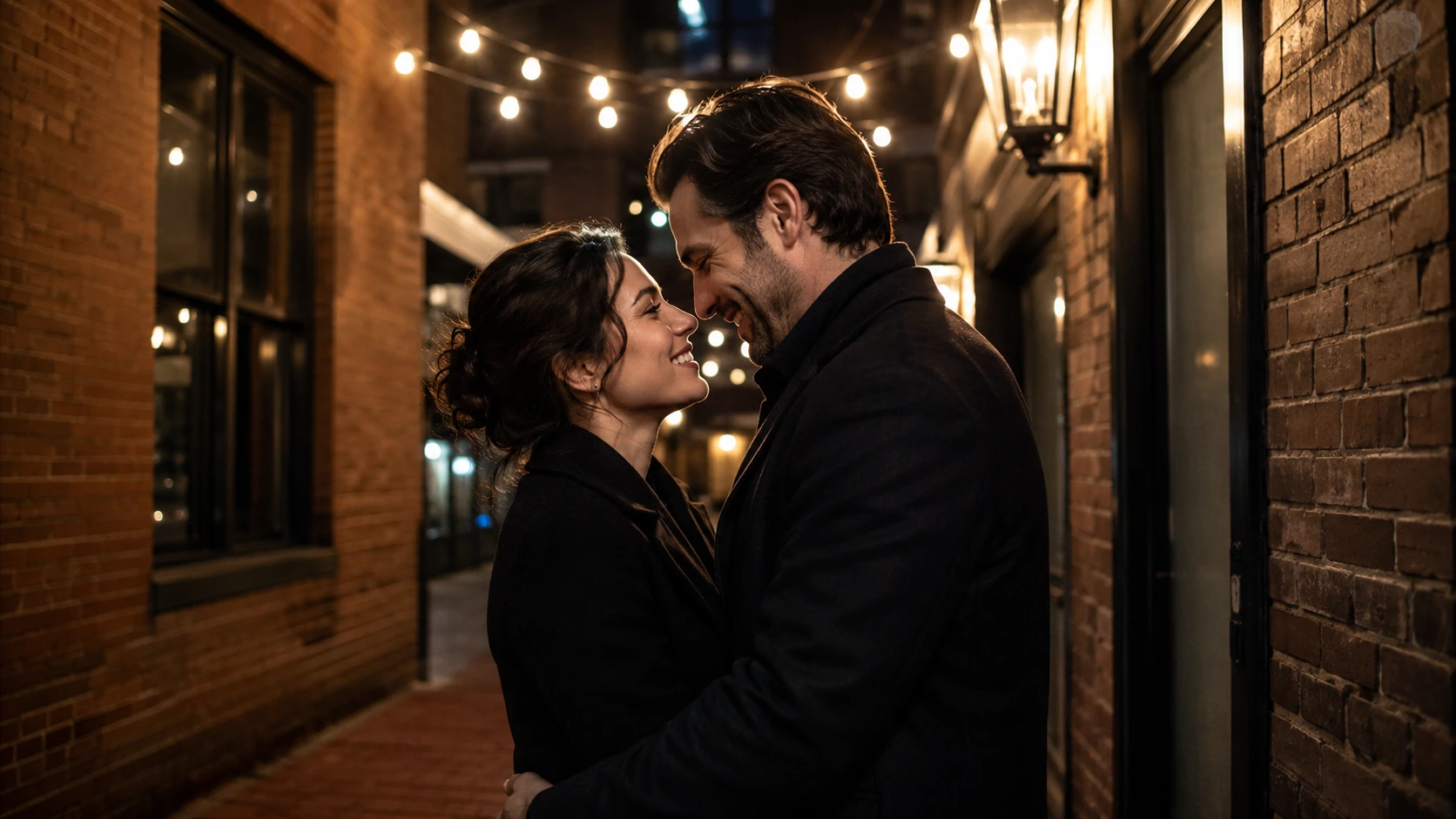 couple embracing in warmly lit brick alley at night, smiling under string lights and wall lanterns during evening