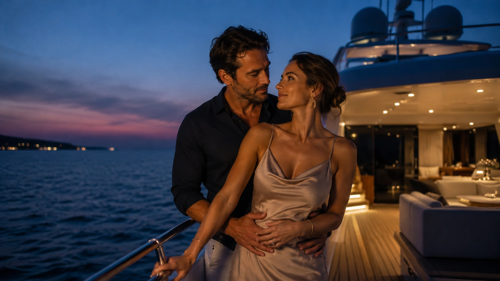 couple embracing on luxury yacht at dusk, gazing at each other beside ocean water and softly lit deck
