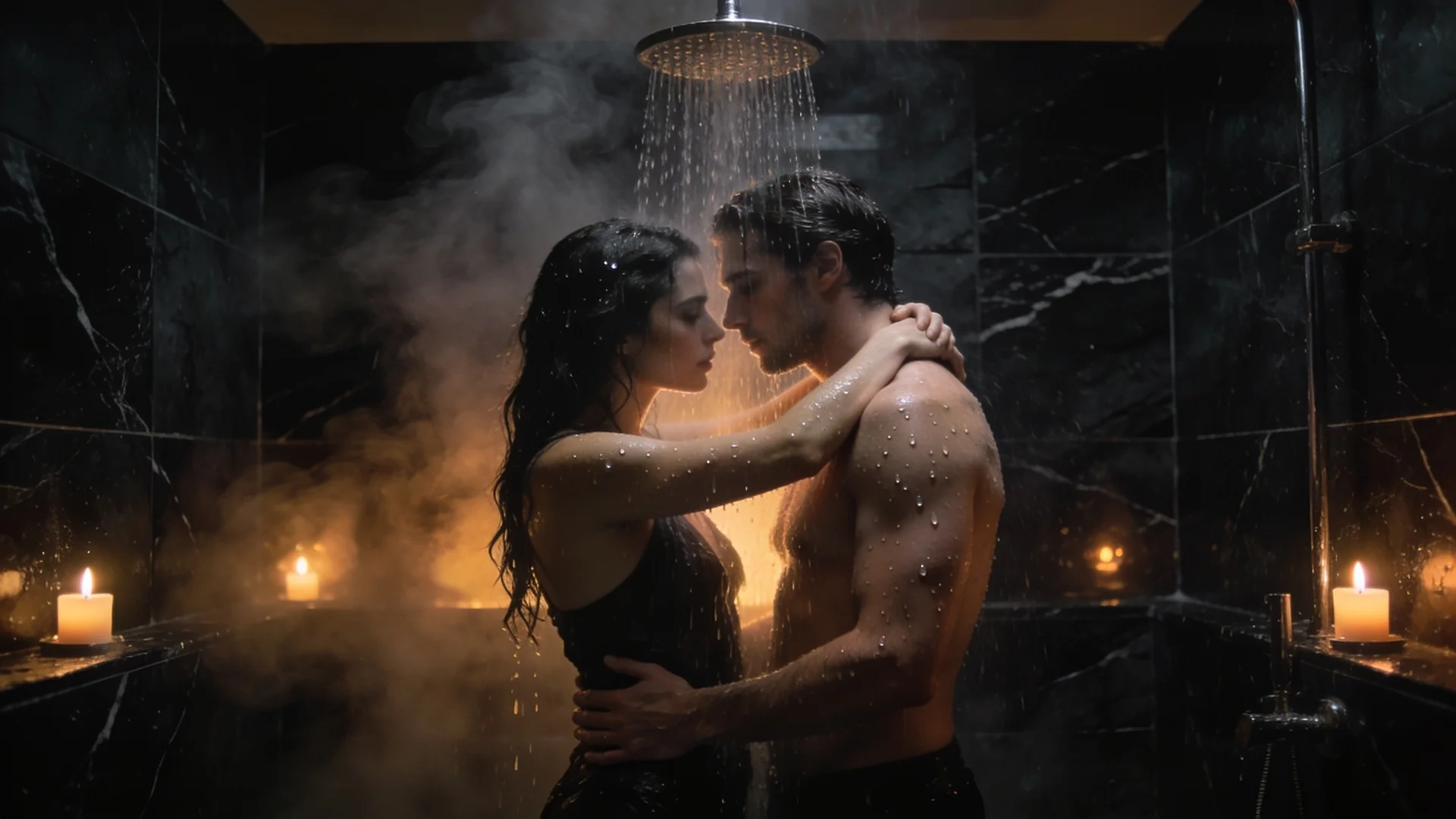 couple embracing under rainfall shower in steamy black marble bathroom, surrounded by candles, and intimate atmosphere
