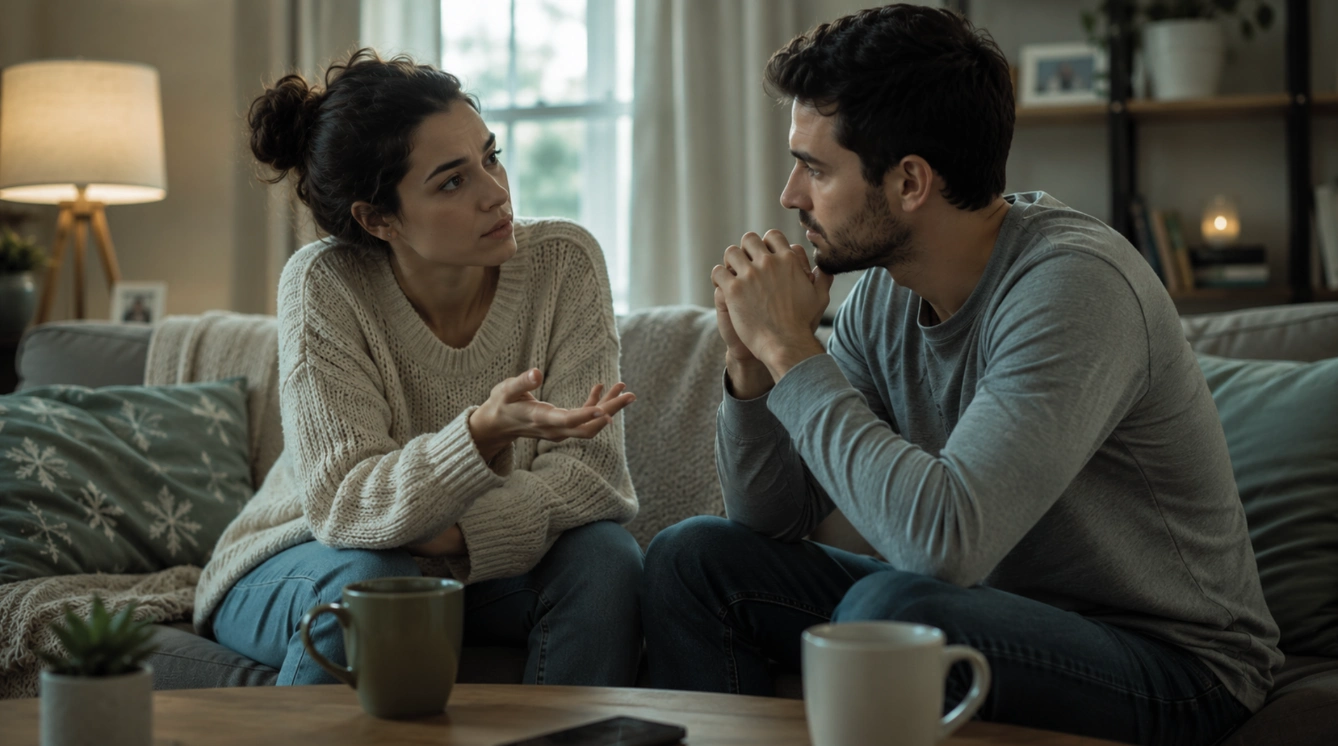 couple having a calm conversation on a couch, showing communication, trust working through relationship fears together