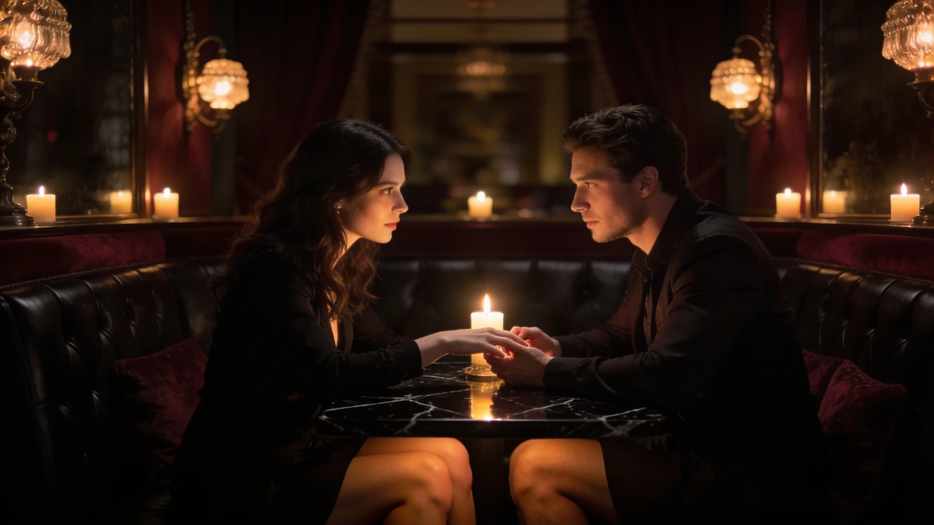 couple holding hands across a candlelit marble table in a romantic room with burgundy seating, mirrors, and warm lamps