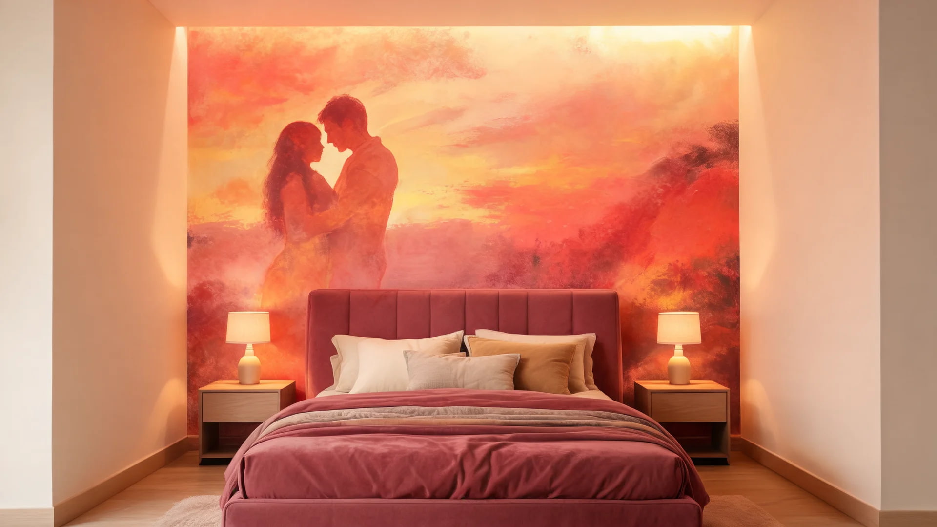 couple mural wall bedroom warm romantic abstract sunset tones soft intimate interior design scene