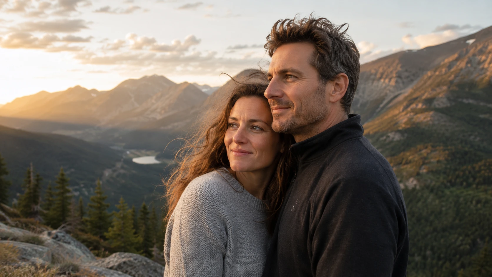 couple on mountain overlook at sunset, gazing toward distant peaks, forested valley, lake, and warm golden sky together