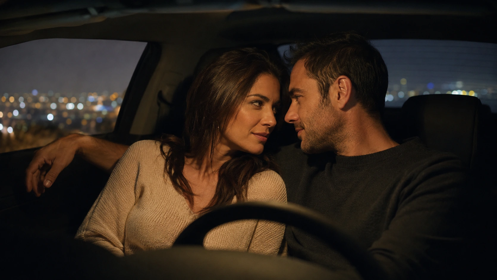 couple sitting close inside a parked car at night, gazing at each other with softly blurred city lights outside nearby