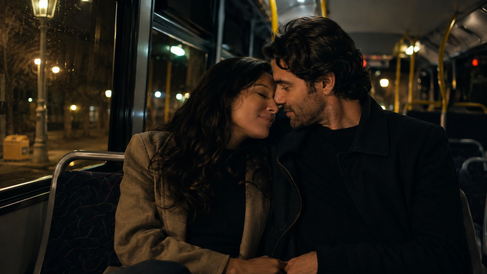 couple sitting close on a nighttime bus, touching foreheads softly while city lights glow through the window beside them