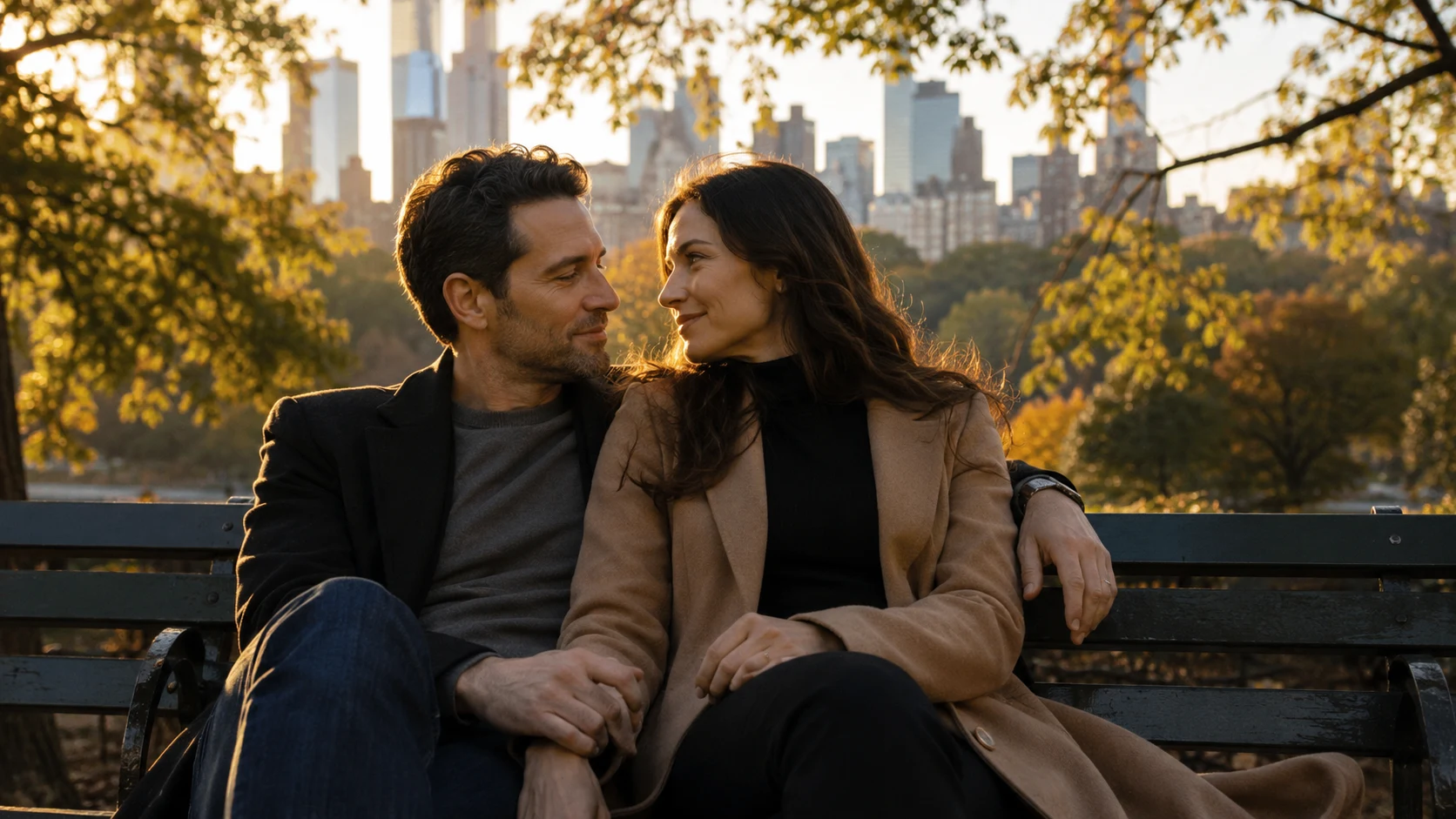 couple sitting on park bench at sunset, holding hands and smiling with city skyline and autumn trees behind them