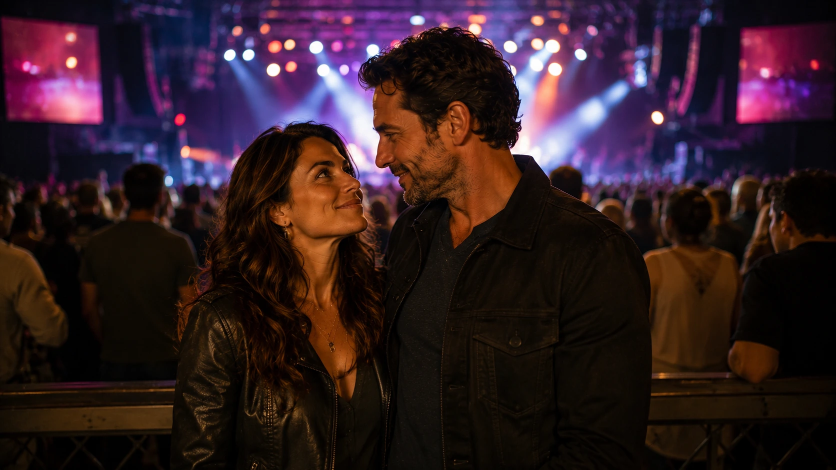 couple smiling at each other during live concert, standing near stage lights and crowd in a lively music venue