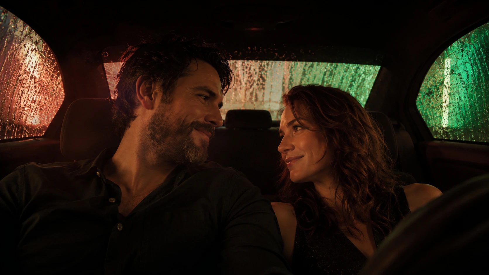 couple smiling at each other inside a dark car at night with rain-covered windows and colorful city lights behind them