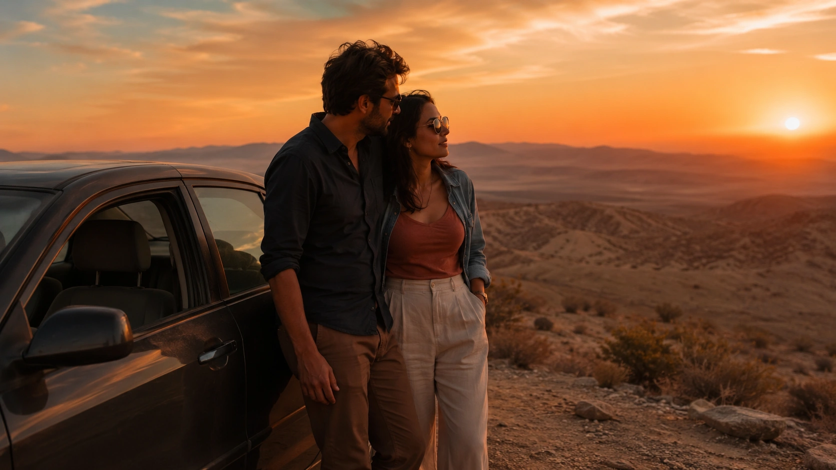 couple standing beside car at desert sunset, looking across wide hills and glowing orange sky during a quiet road trip