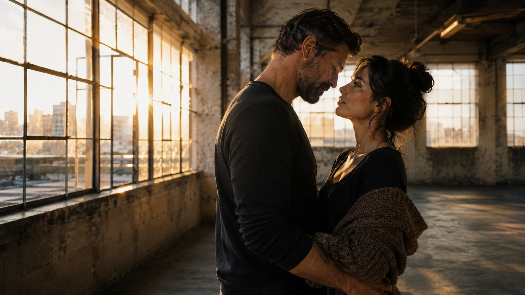 couple standing close in an industrial loft at sunset, gazing at each other beside large windows and warm city light