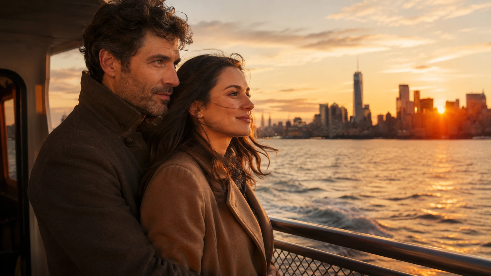 couple standing together on a boat at sunset, looking across water toward a glowing city skyline in warm light
