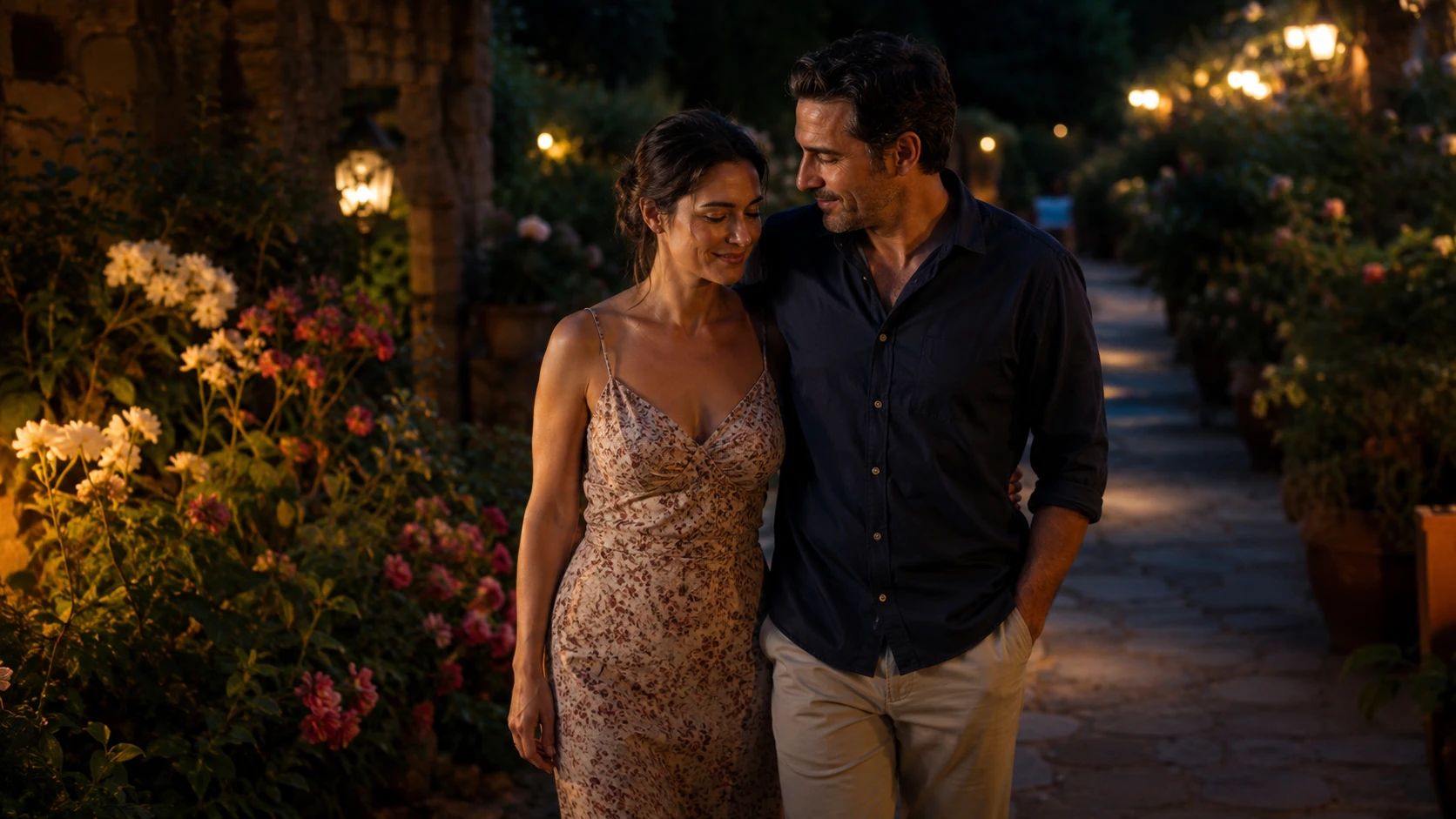 couple walking arm in arm through a warmly lit garden path at night, surrounded by flowers and soft lights
