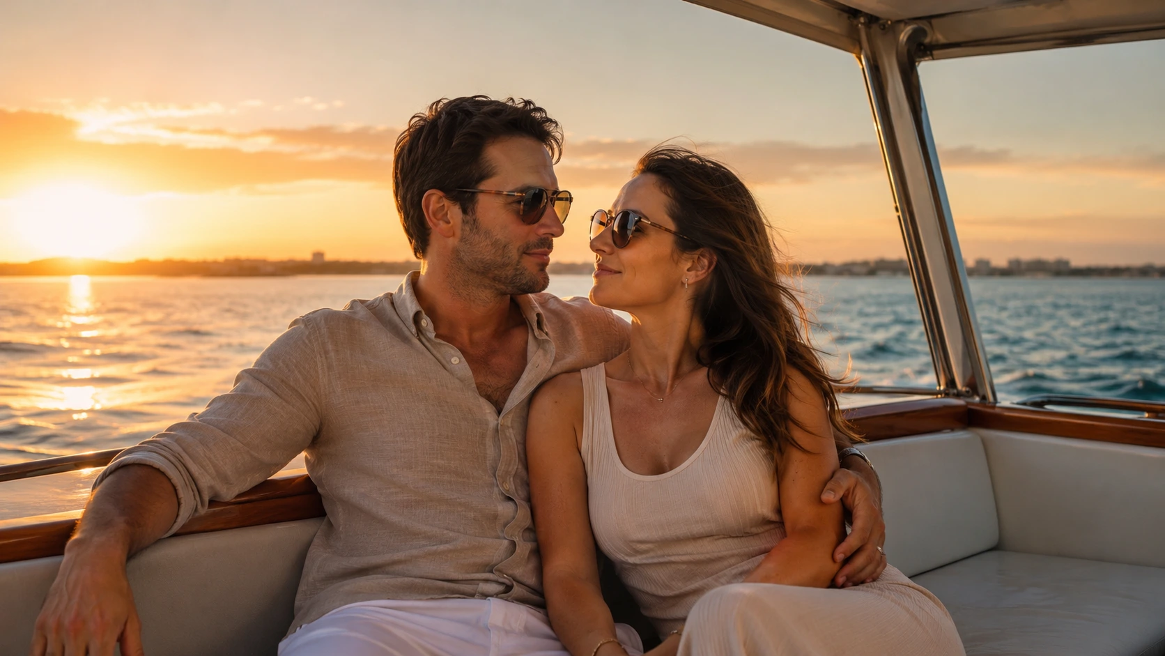 couple wearing sunglasses cuddling on a boat at sunset, smiling together over calm water with warm golden sky