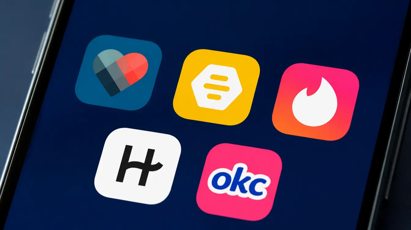 Phone screen displaying logos for popular dating apps: eHarmony, Bumble, Tinder, Hinge, and okCupid.