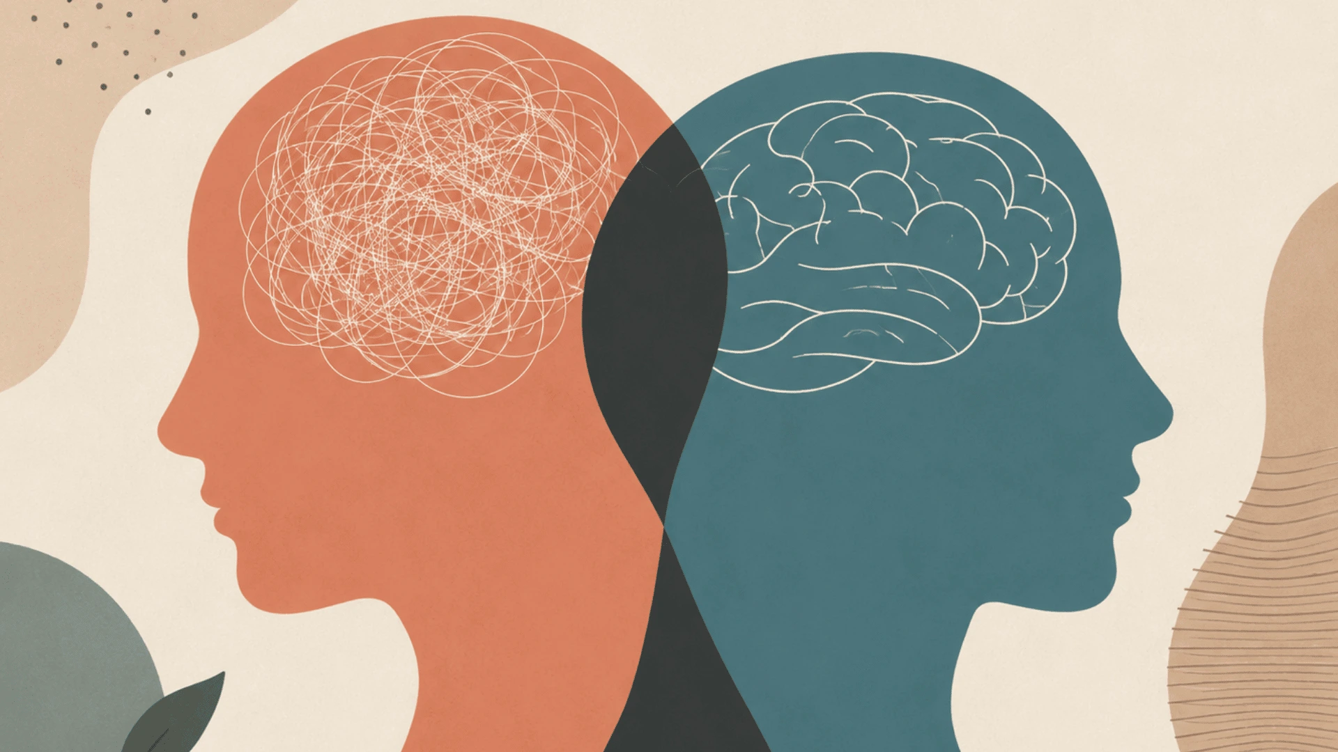 Minimalist illustration of two profile silhouettes with a tangled mind and an organized brain