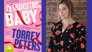 Left side shows the pink cover of "Detransition, Baby" by Torrey Peters with bold text and red ribbons.