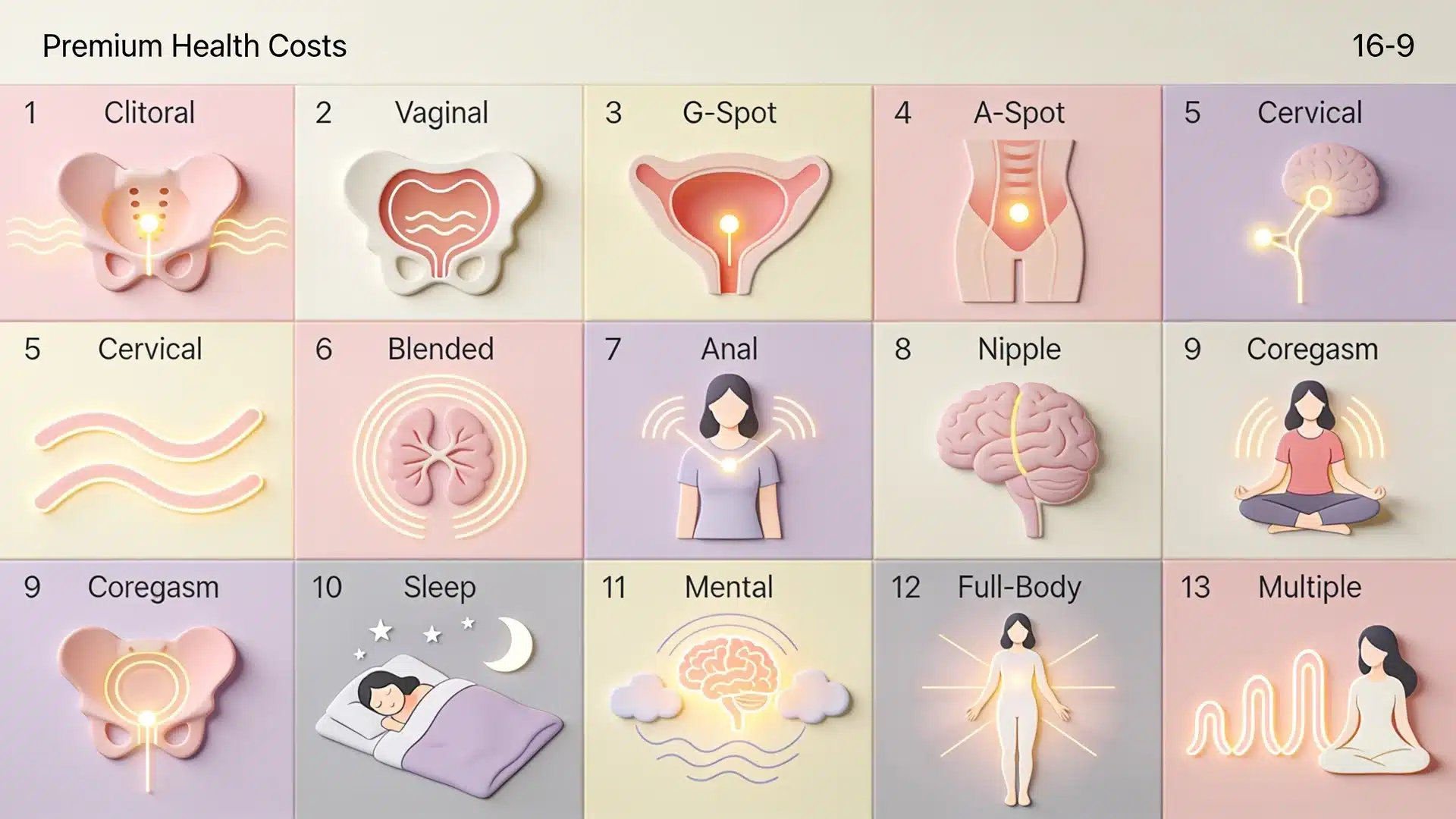 educational infographic showing thirteen types of female orgasms with soft anatomy icons, body signals, and illustrations