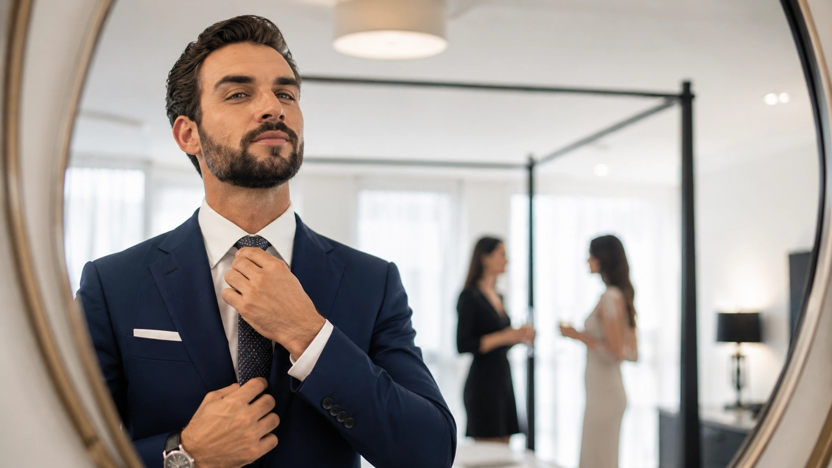 egoistic man in navy blazer adjusts tie in mirror while two blurred women talk in bright modern bedroom background