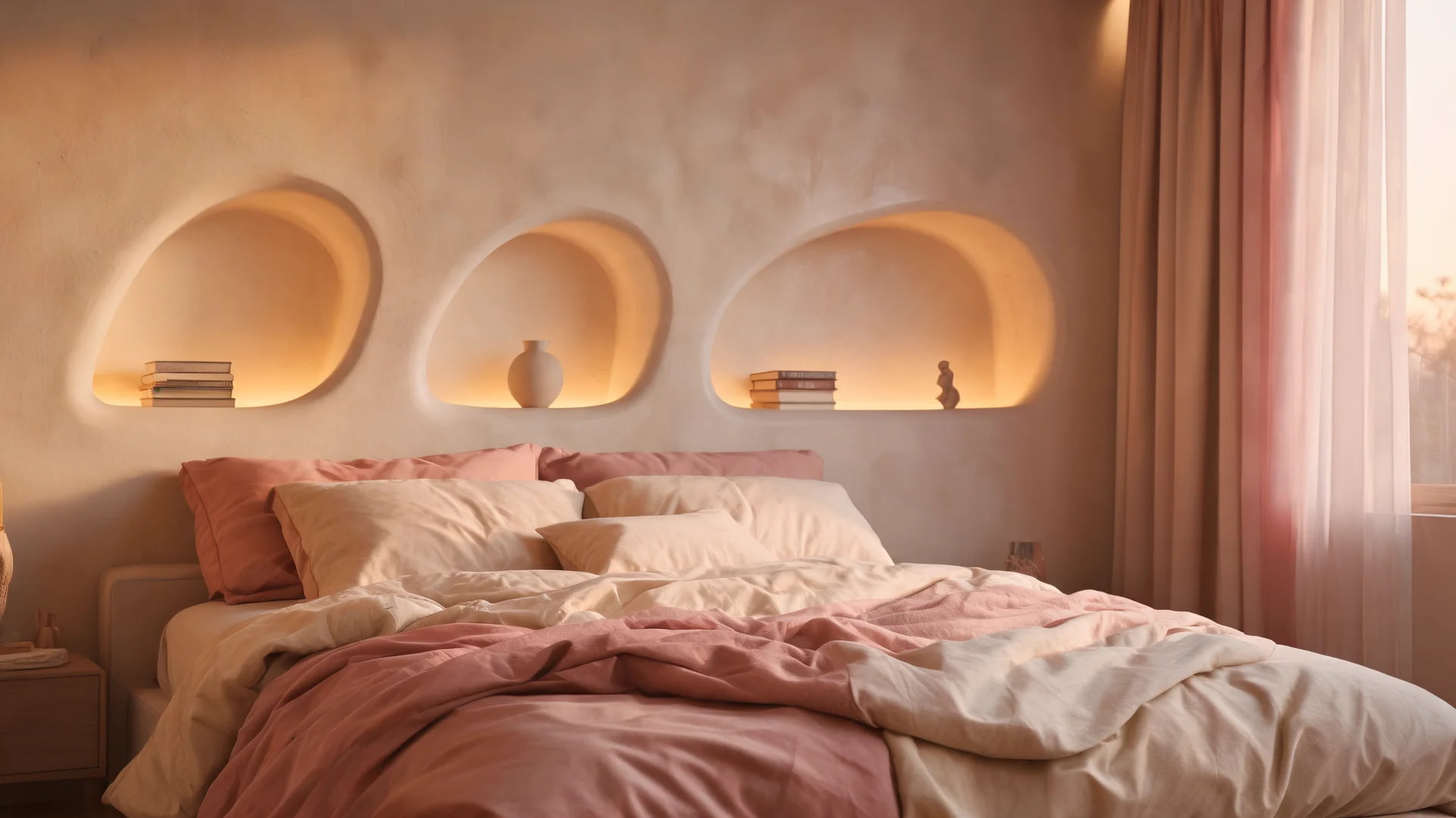 flowing arch niche wall bedroom with warm plaster curves soft romantic lighting design