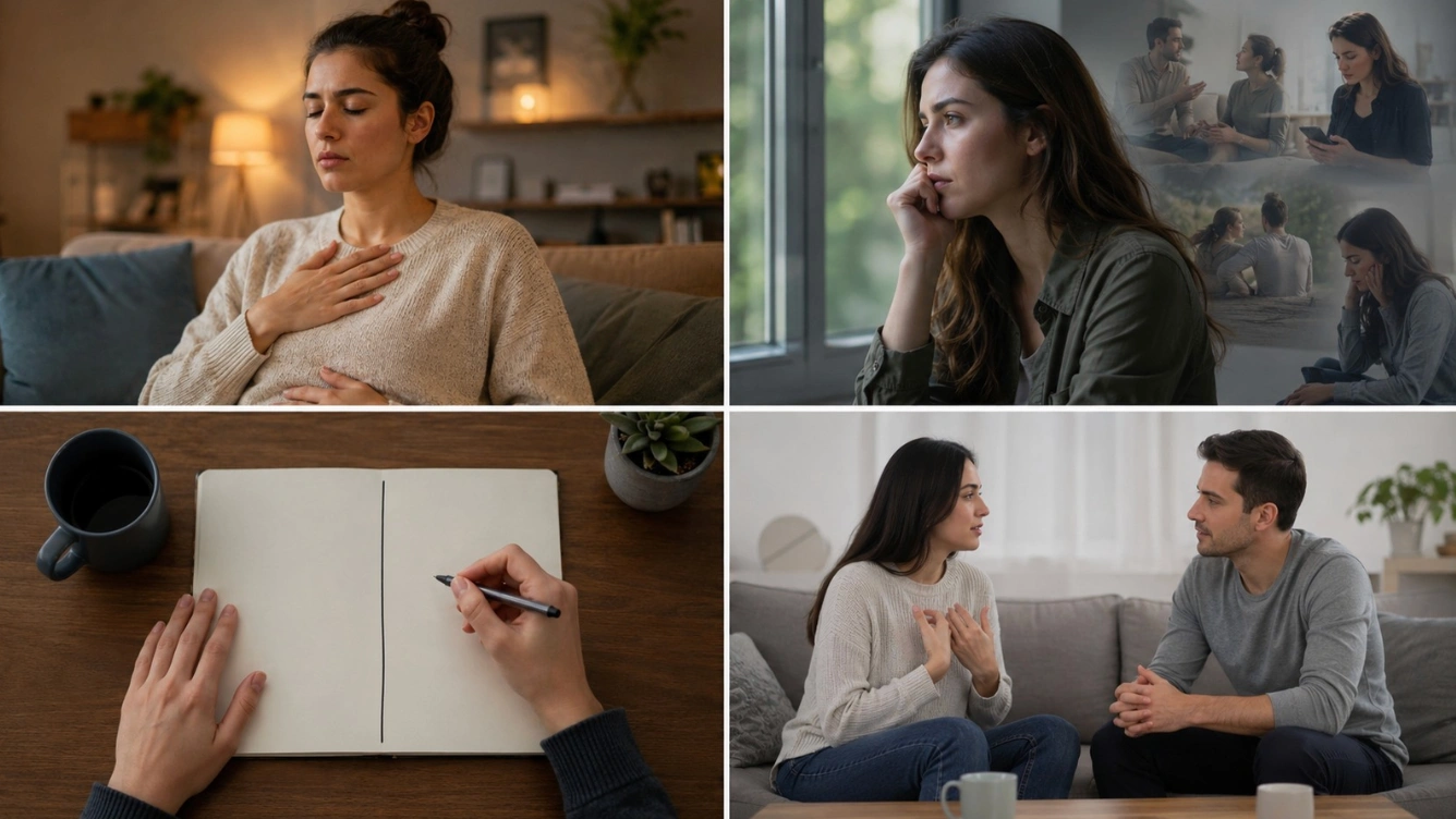 four realistic panels show pausing, tracing triggers, sorting fears from facts, discussing relationship doubts together