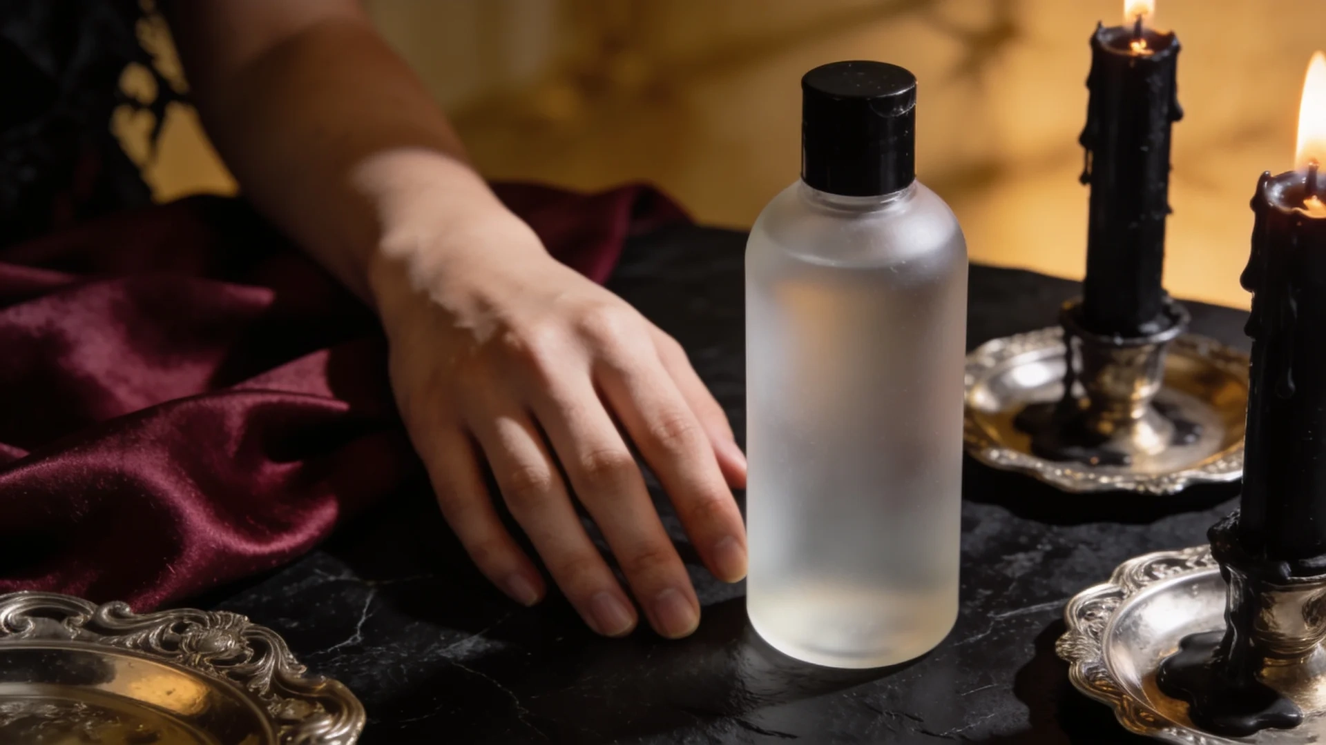 frosted bottle with black cap on dark marble table beside a hand, burgundy fabric, silver trays, and black candles