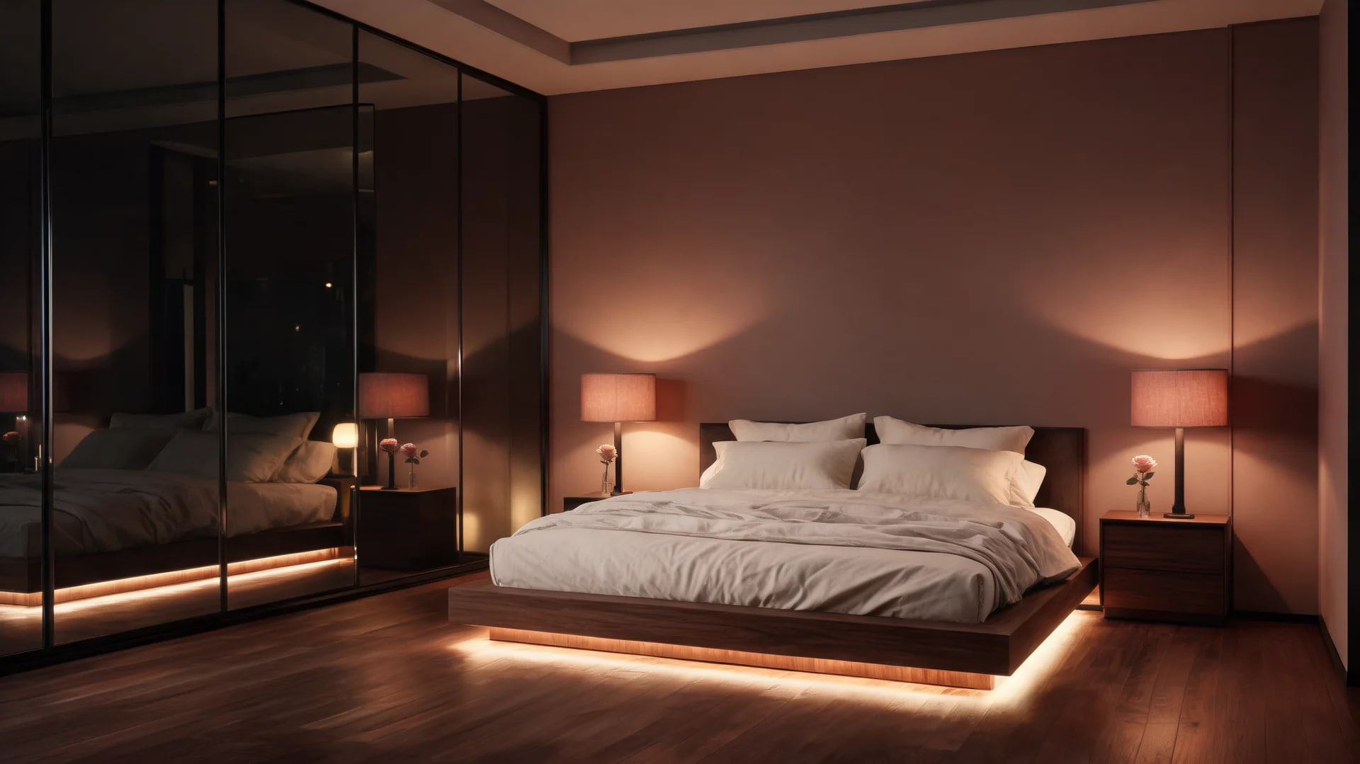full mirror wall smoked bedroom interior with warm romantic lighting and soft reflections design