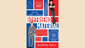 gay romance book cover for boyfriend material with fake dating british humor and messy public image