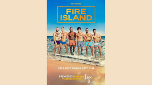 gay romance movie poster for fire island with friendship class tension summer romance and humor