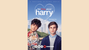 gay romance movie poster for the thing about harry with old rivalry friendship and rom-com timing