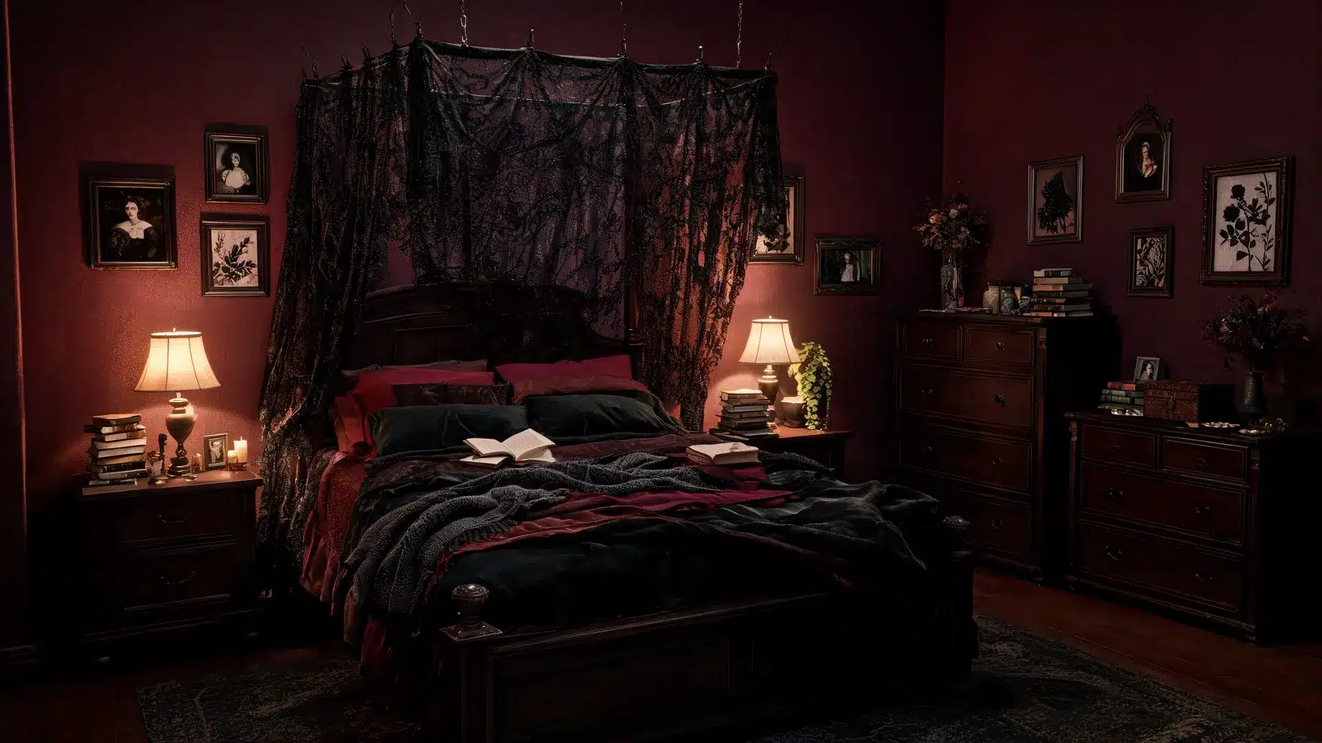 gothic bedroom with black lace canopy, warm lighting, layered bedding, and a cozy lived-in mood