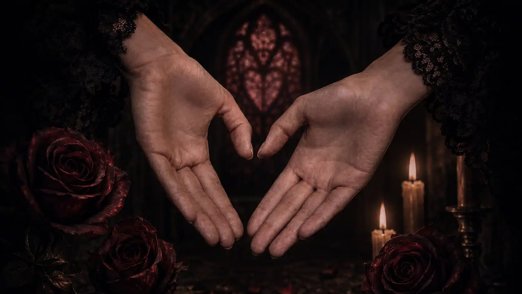 gothic romantic hands form a heart, framed by dark roses, lace cuffs, candles, and a moody stained-glass background
