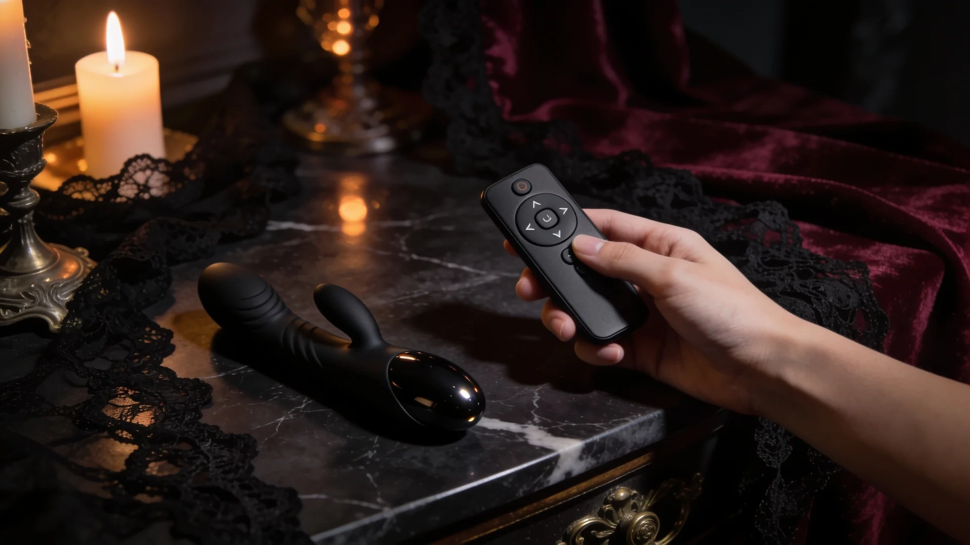 hand holding black remote beside a curved personal massager on dark marble, with candles, black lace, and velvet fabric