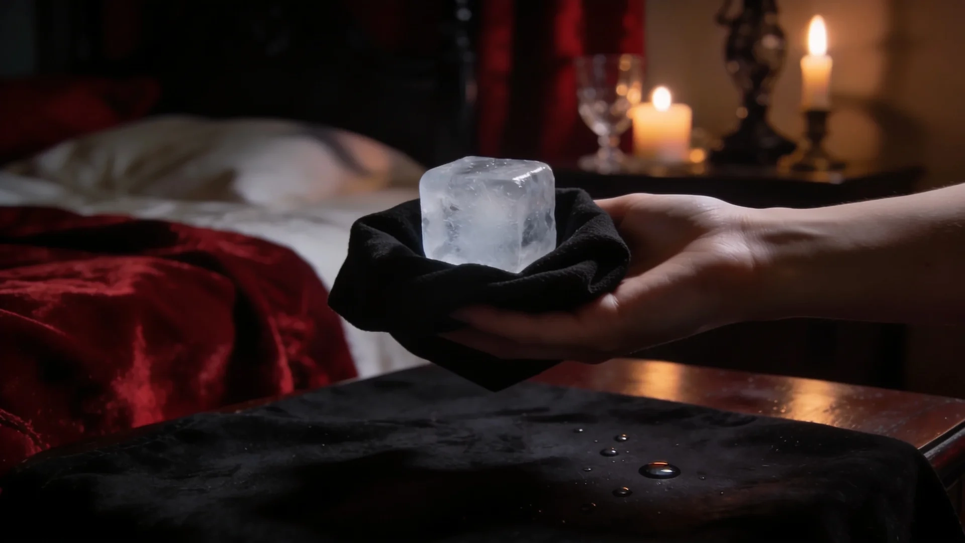hand holding glowing ice cube wrapped in black cloth near bed, candles, burgundy velvet, and dark gothic bedroom decor.