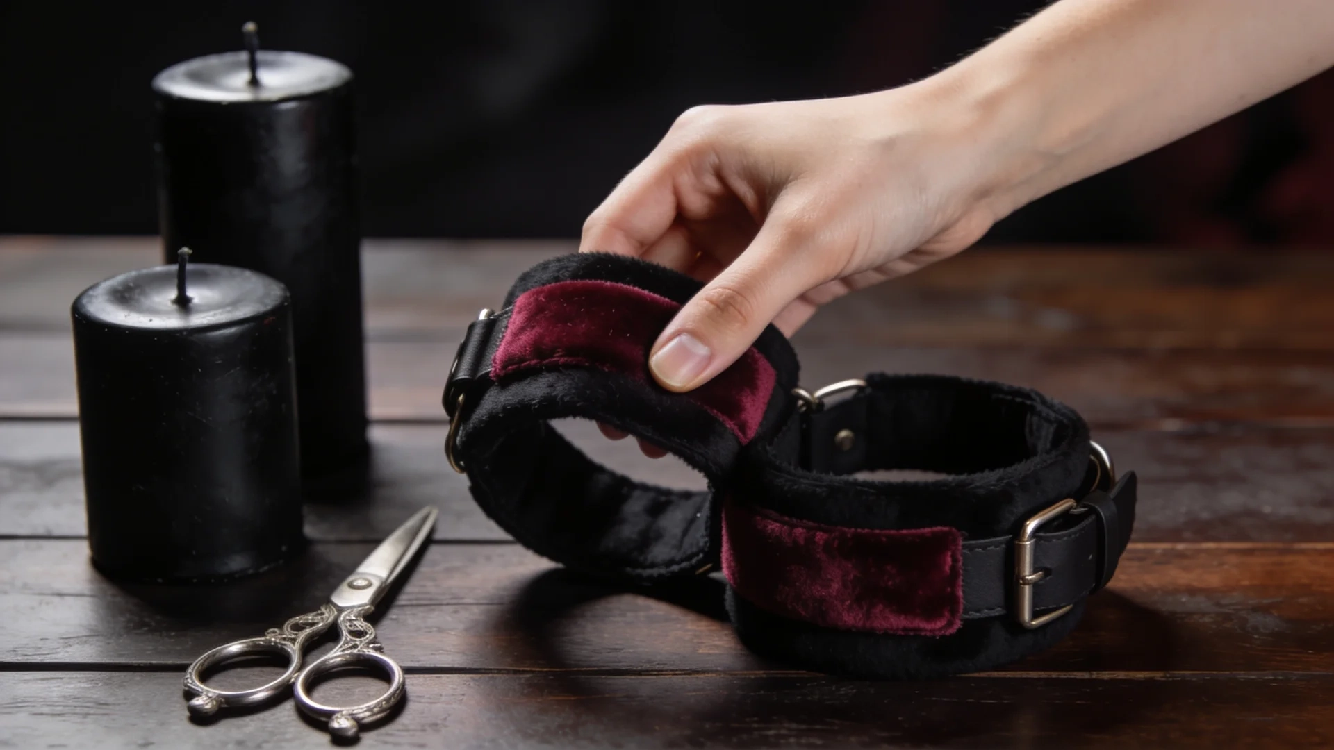 hand lifting padded black and burgundy cuffs on a wooden table beside black candles and silver scissors in dark lighting