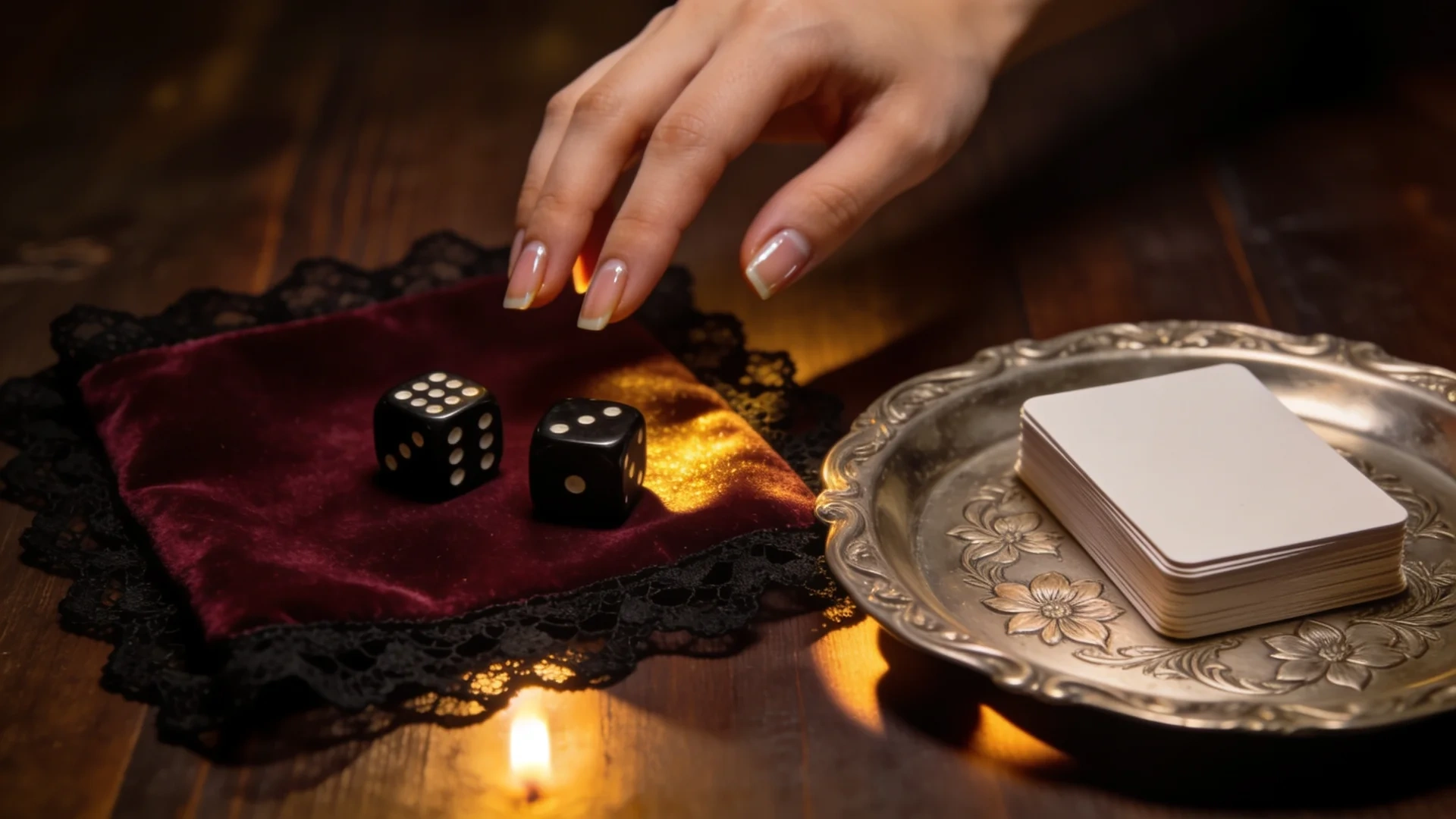 hand reaching toward black dice on burgundy velvet beside stacked cards on silver tray, candlelit wooden table